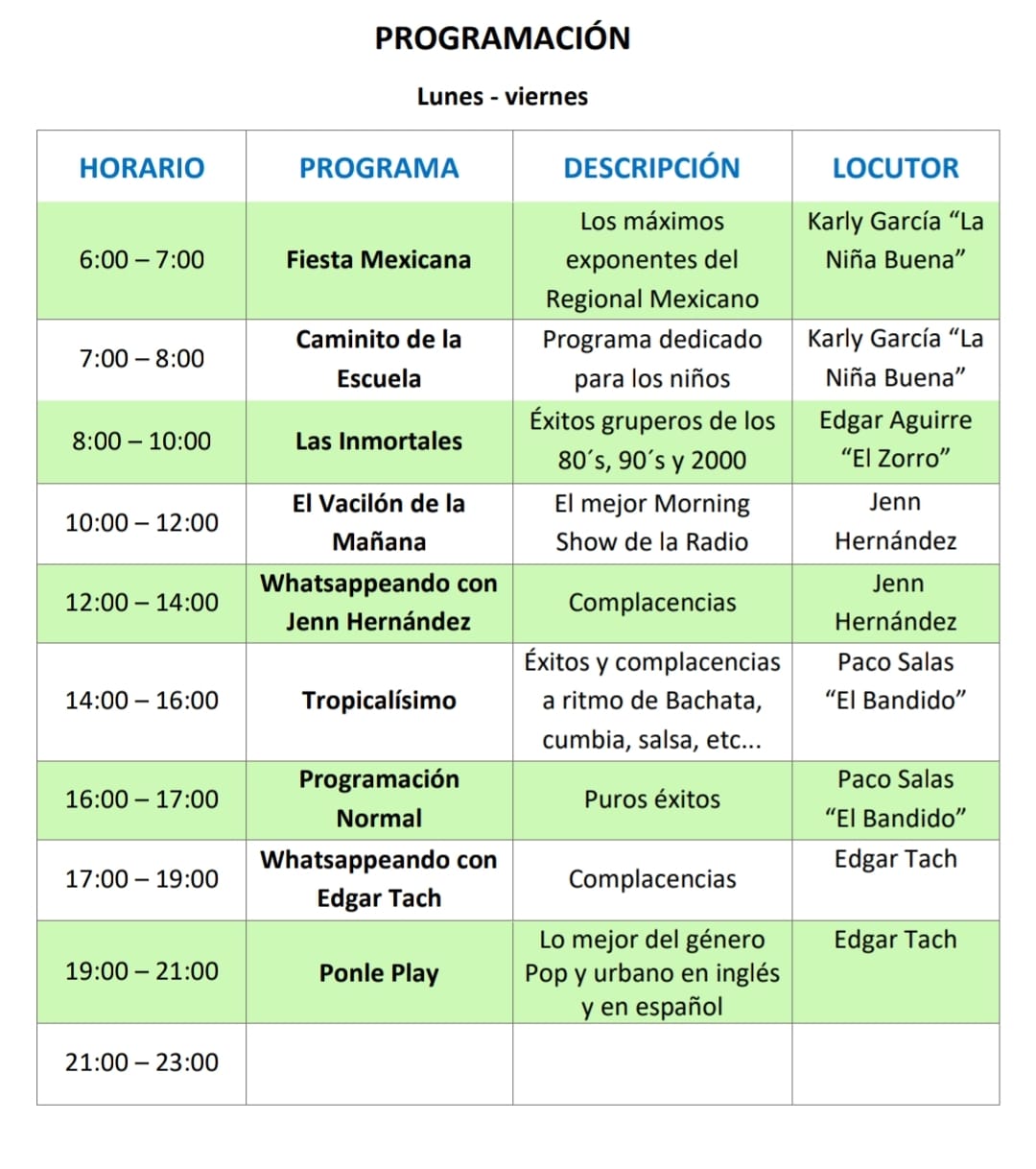 Programación Lunes a Viernes